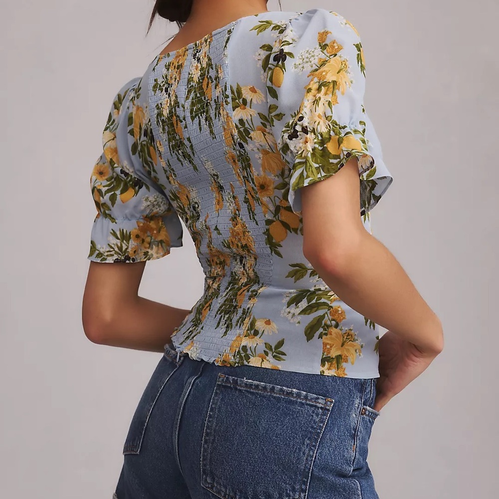 Reformation Blue Floral Sweetheart Top with Yellow Flowers - Picture 3 of 14